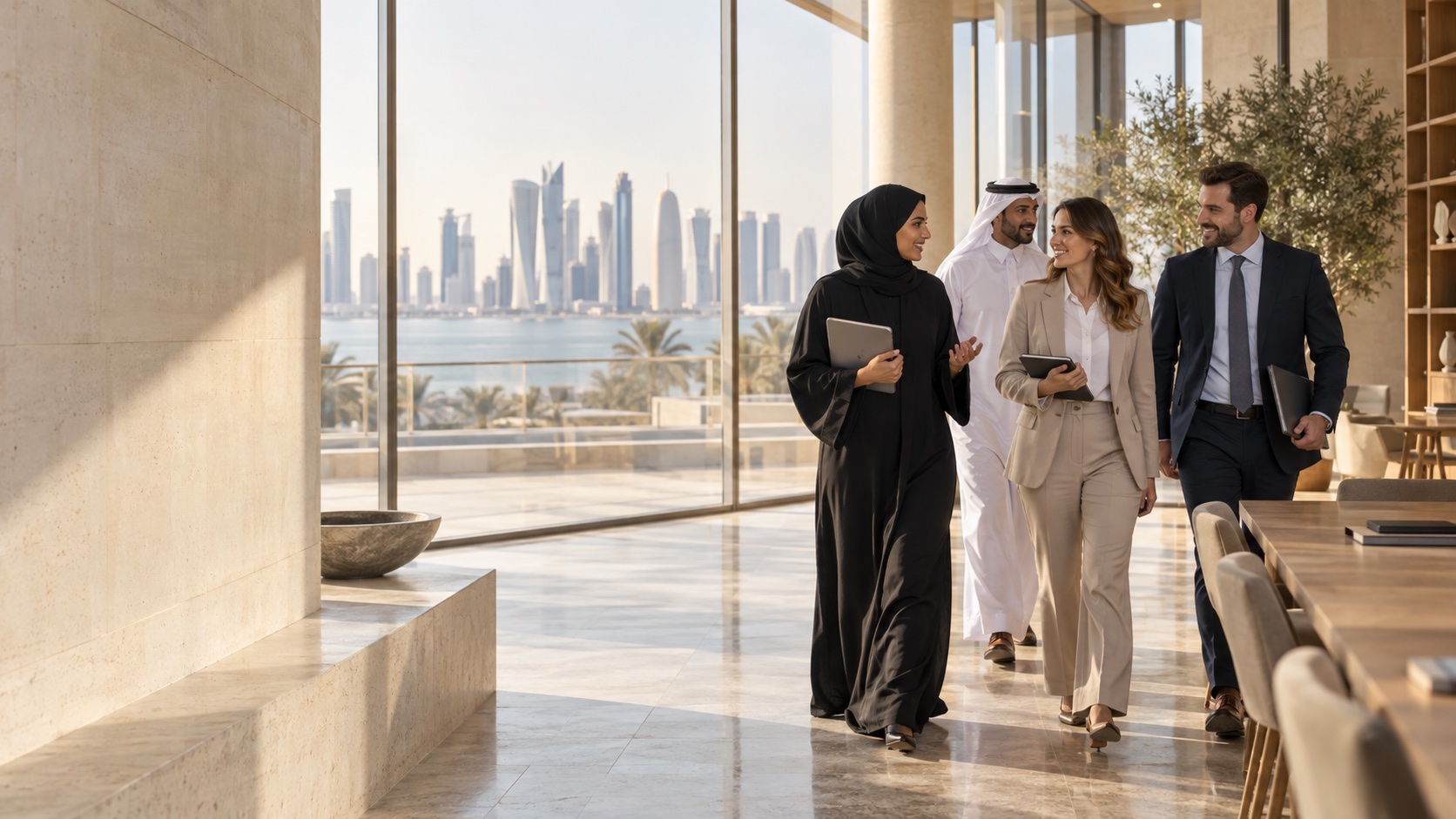 Illustrative group of adult professionals arriving at a learning space in Doha